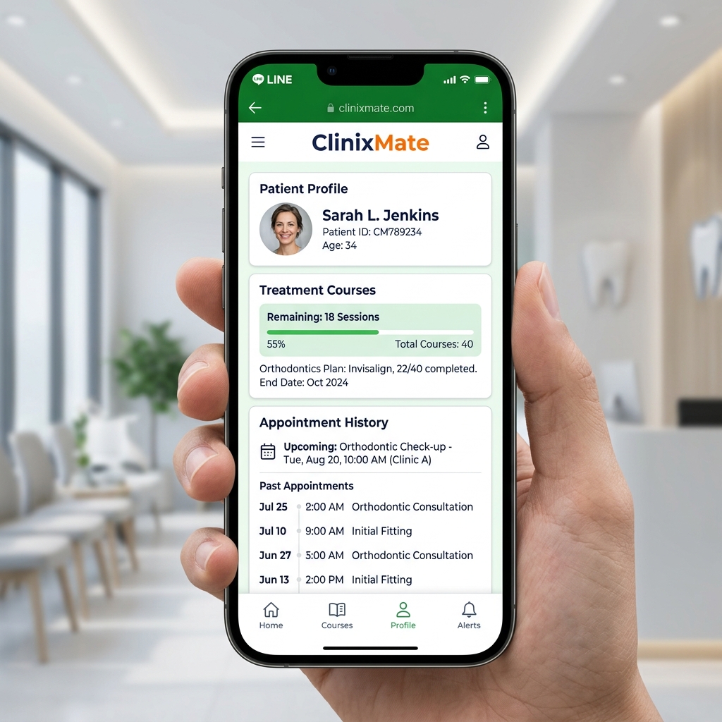 หน้าจอโปรแกรมคลินิก ClinixMate LINE CRM บนมือถือแสดงการตรวจสอบคอร์ส