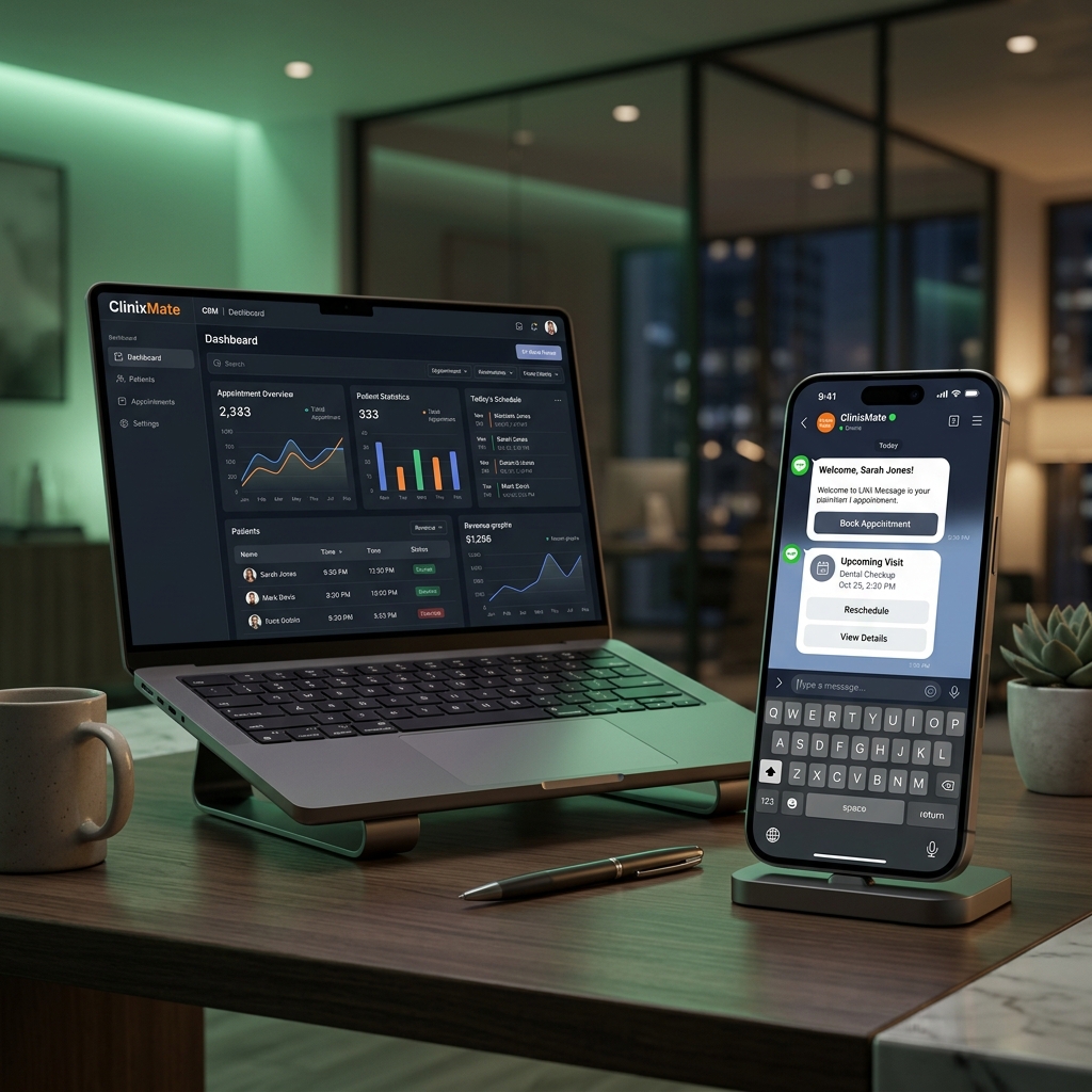 หน้าจอโปรแกรมคลินิก ClinixMate LINE CRM บนมือถือและคอมพิวเตอร์